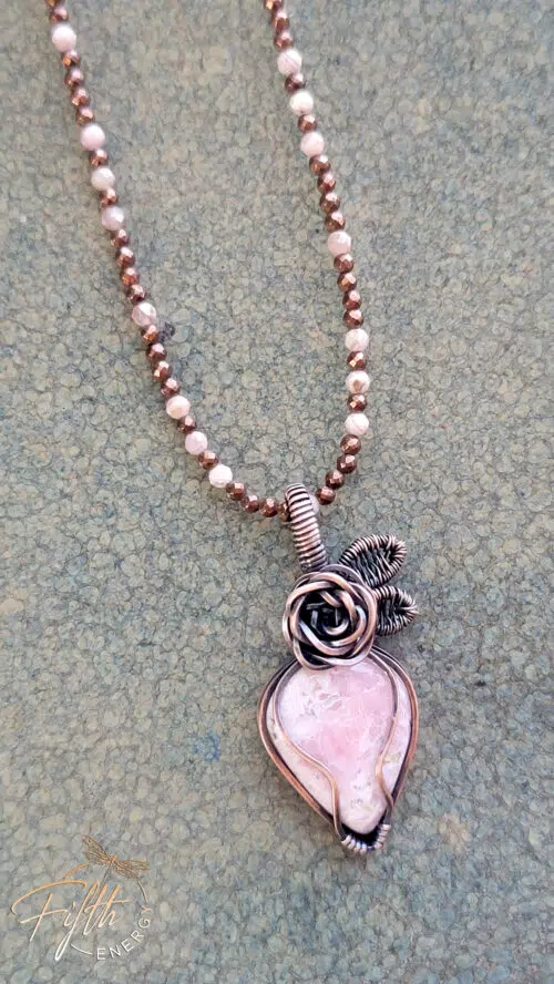 Rhodochrosite Rose Copper Necklace with Hematite Fifth Energy Jewelry Pink White