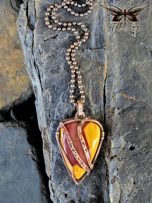 Mookaite Mens Copper Necklace Fifth Energy Jewelry Red and Yellow Pendant