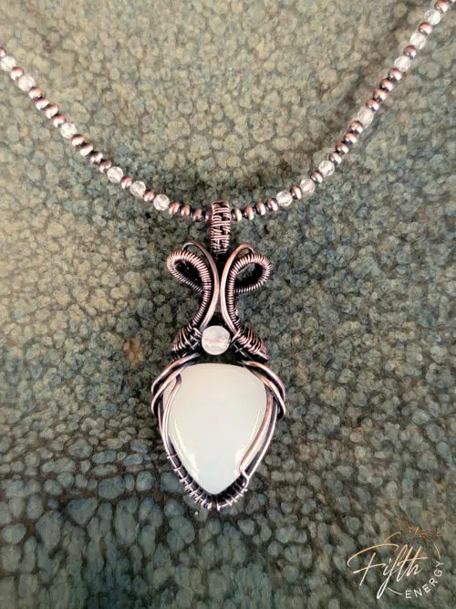 Selenite and Moonstone Copper Necklace Fifth Energy Jewelry White Crystal Pendant