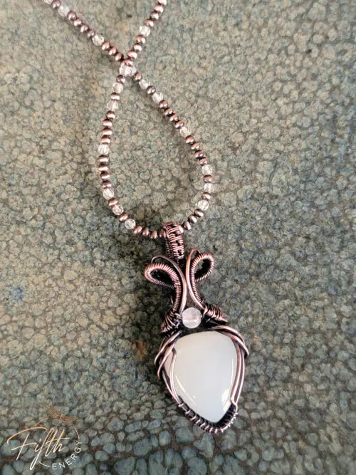 Selenite and Moonstone Copper Necklace Fifth Energy Jewelry White Crystal Pendant