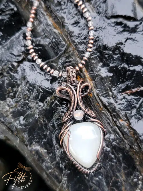 Selenite and Moonstone Copper Necklace Fifth Energy Jewelry White Crystal Pendant