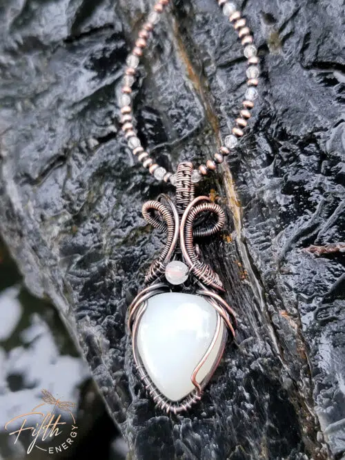 Selenite and Moonstone Copper Necklace Fifth Energy Jewelry White Crystal Pendant
