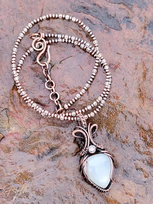Selenite and Moonstone Copper Necklace Fifth Energy Jewelry White Crystal Pendant
