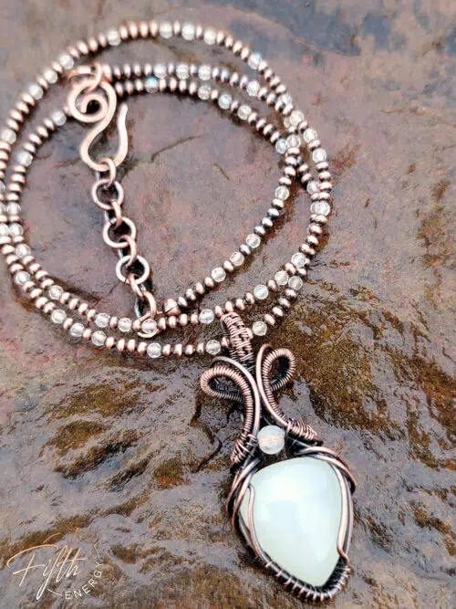 Selenite and Moonstone Copper Necklace Fifth Energy Jewelry White Crystal Pendant