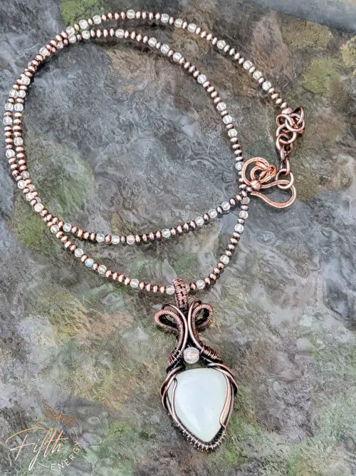 Selenite and Moonstone Copper Necklace Fifth Energy Jewelry White Crystal Pendant