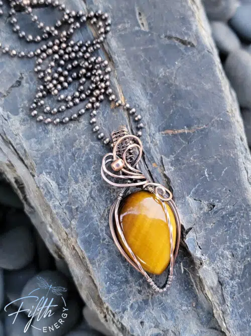 Tigers Eye and Copper Necklace Fifth Energy Jewelry Yellow Brown