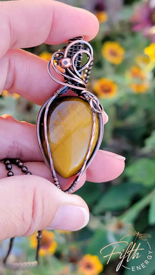 Tigers Eye and Copper Necklace Fifth Energy Jewelry Yellow Brown