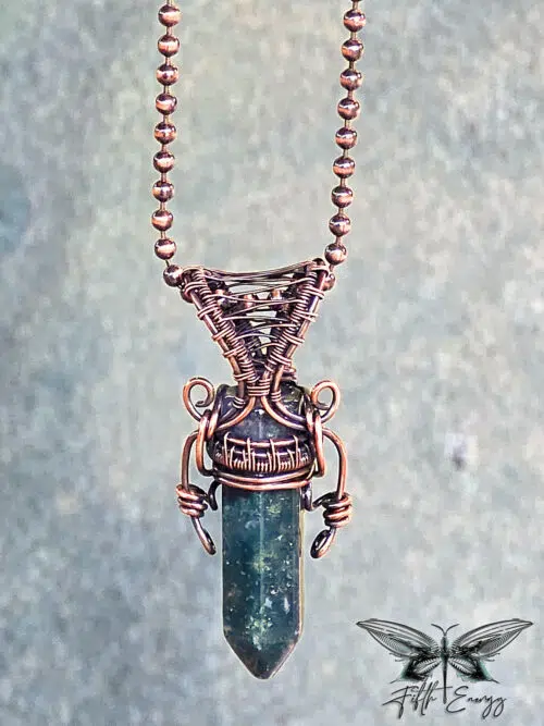 Moss Agate Mens Copper Necklace Fifth Energy Jewelry Hexagonal Point Masculine Pendant Green