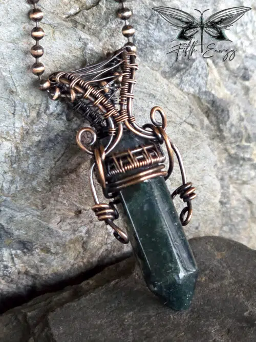 Moss Agate Mens Copper Necklace Fifth Energy Jewelry Hexagonal Point Masculine Pendant Green