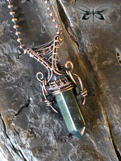 Moss Agate Mens Copper Necklace Fifth Energy Jewelry Hexagonal Point Masculine Pendant Green