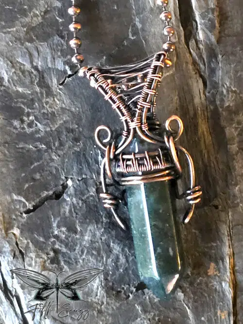 Moss Agate Mens Copper Necklace Fifth Energy Jewelry Hexagonal Point Masculine Pendant Green