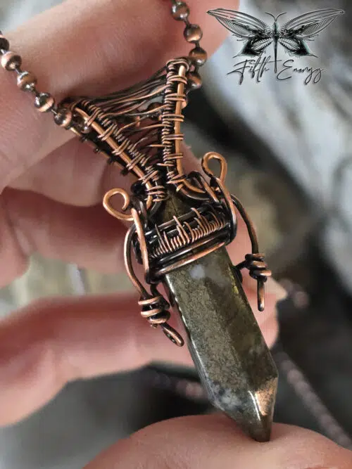 Mens Pyrite Amulet Hexagonal Point Copper Necklace Fifth Energy Jewelry