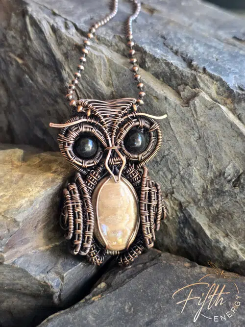 Wood Owl Copper Necklace Fifth Energy Jewelry