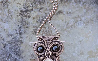 Fossilized Wood Owl and Rainbow Obsidian Necklace