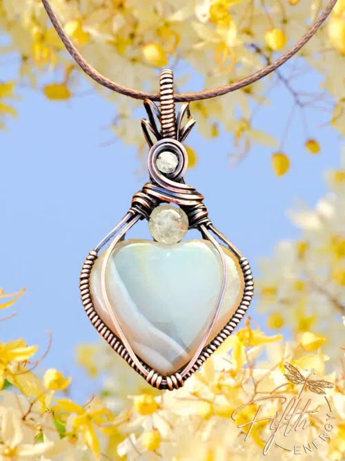 Botswana Heart Necklace made out of copper and gemstone. Fifth Energy Jewelry White