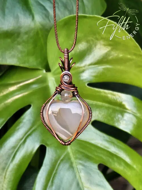 Botswana Heart Necklace made out of copper and gemstone. Fifth Energy Jewelry White
