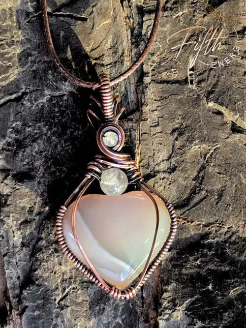 Botswana Heart Necklace made out of copper and gemstone. Fifth Energy Jewelry White