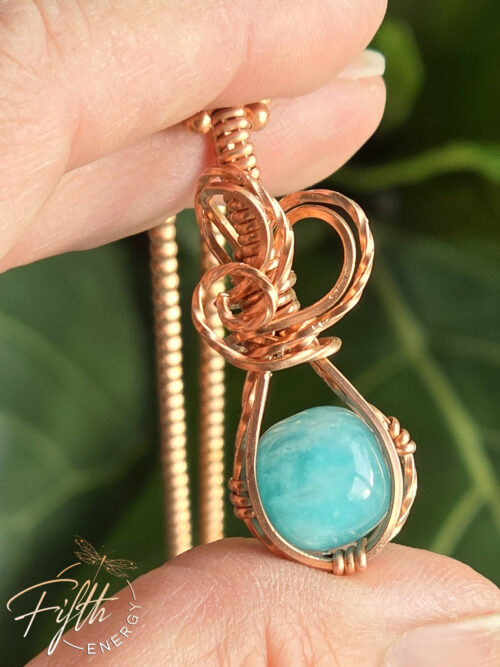 Amazonite Swirls Copper Necklace Fifth Energy Jewelry Aqua Blue Holding to show size