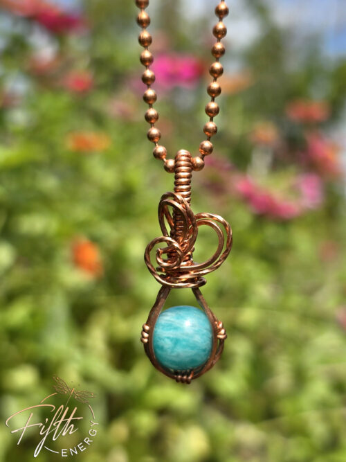 Amazonite Swirls Copper Necklace Fifth Energy Jewelry Aqua Blue near flowers