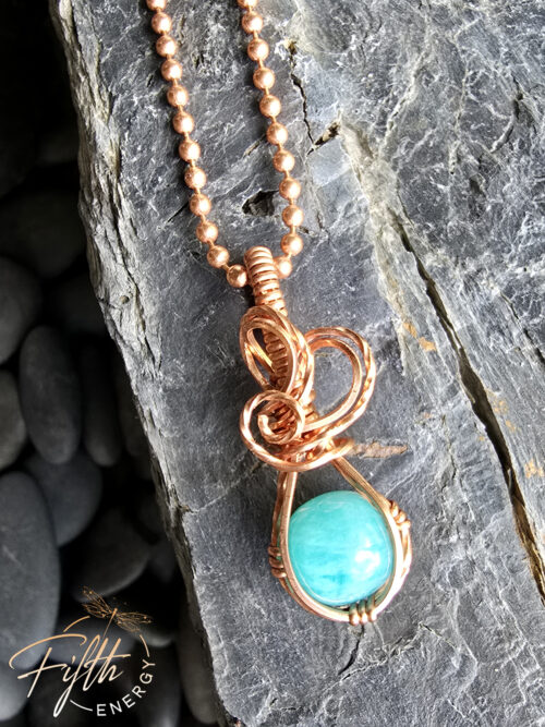 Amazonite Swirls Copper Necklace Fifth Energy Jewelry Aqua Blue on black stone