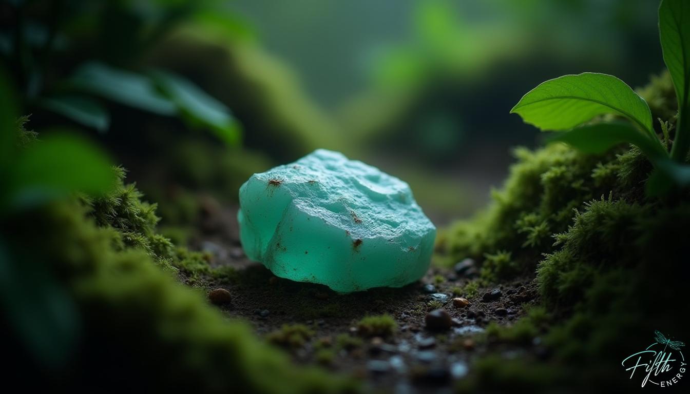 Amazonite gemstone sitting in forest metaphysical zodiac elemental associations