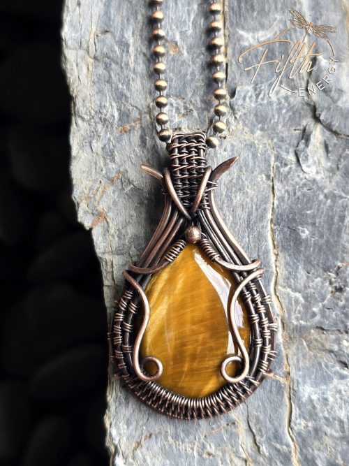 Tigers Eye Teardrop Copper Necklace Fifth Energy Jewelry