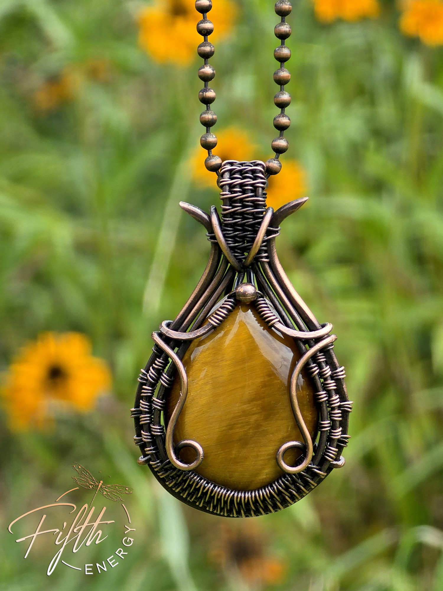 Tigers Eye Teardrop Copper Necklace Fifth Energy Jewelry