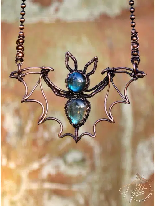 Labradorite Bat Copper Necklace Fifth Energy Jewelry Halloween