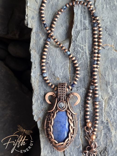 Sunset Dumortierite Necklace Celtic Style Pendant Fifth Energy Jewelry Blue