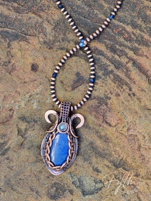 Sunset Dumortierite Copper Necklace Celtic Style Pendant Fifth Energy Jewelry Blue