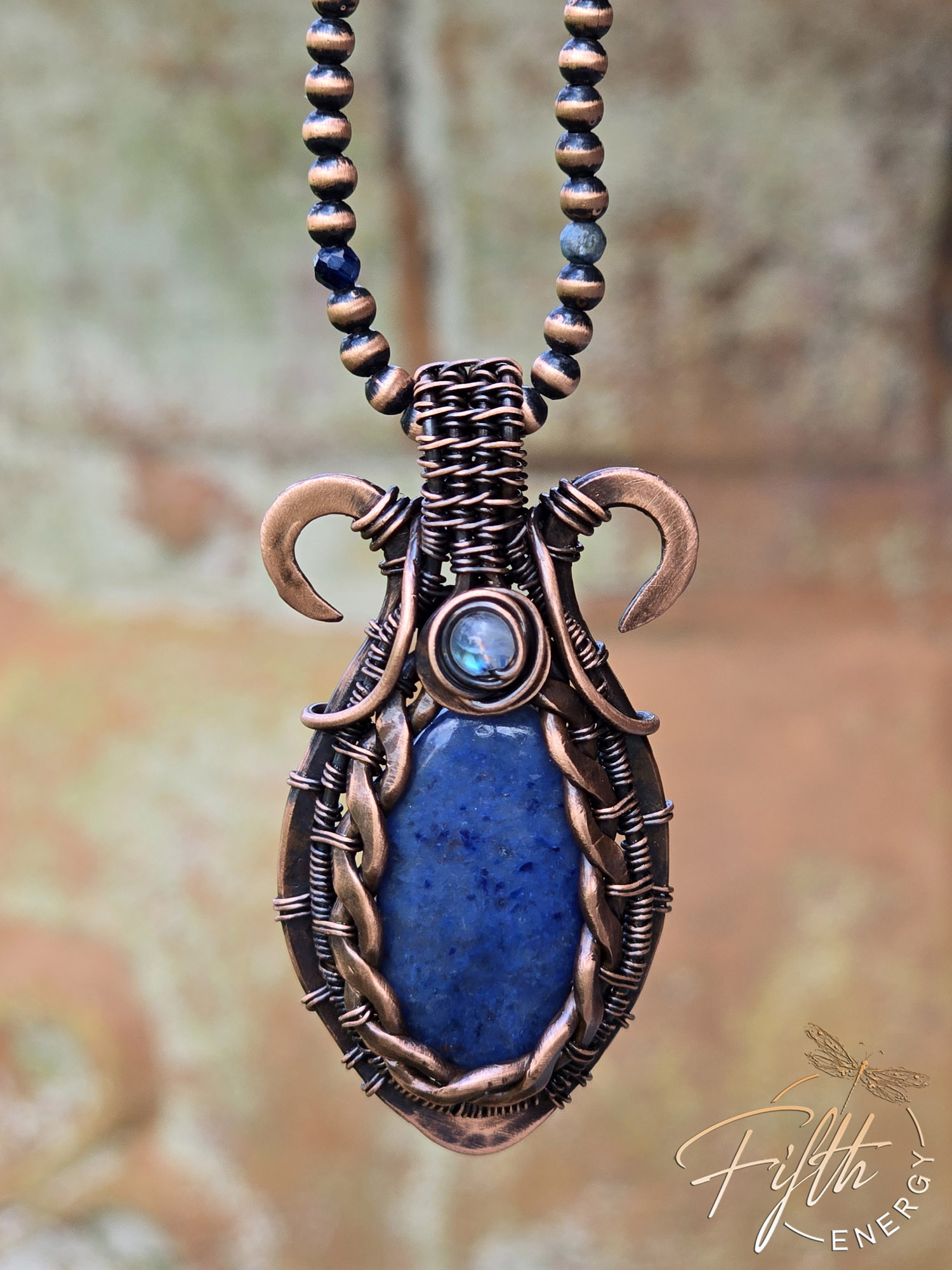 Sunset Dumortierite Necklace Celtic Style Pendant Fifth Energy Jewelry Blue