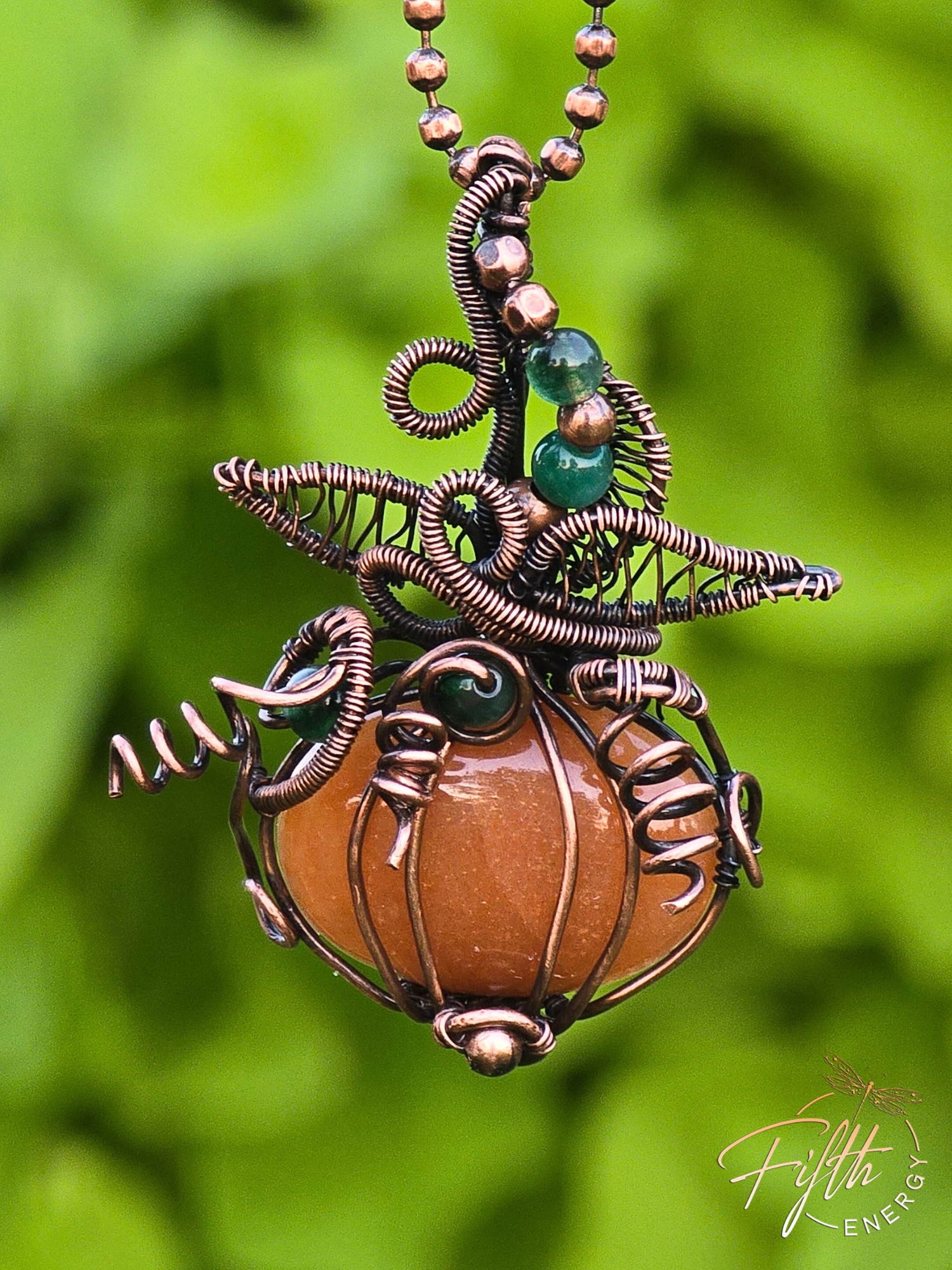 Orange Carnelian Pumpkin Pendant Necklace Fifth Energy Jewelry Halloween Fall Thanksgiving November Copper