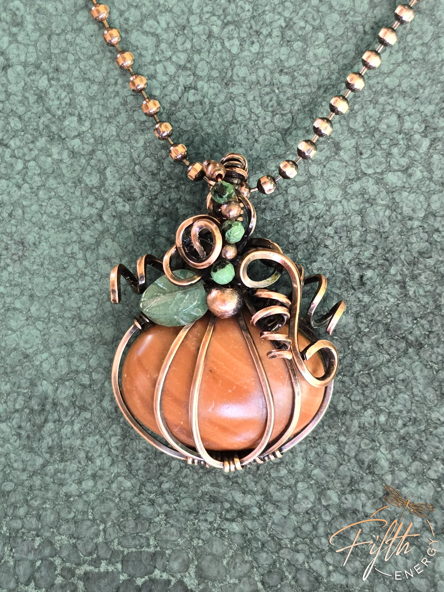 Jasper Pumpkin Necklace Fifth Energy Jewelry Halloween Fall Thanksgiving November Copper