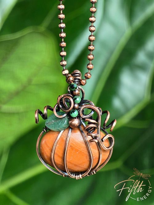 Jasper Pumpkin Necklace Fifth Energy Jewelry Halloween Fall Thanksgiving November Copper