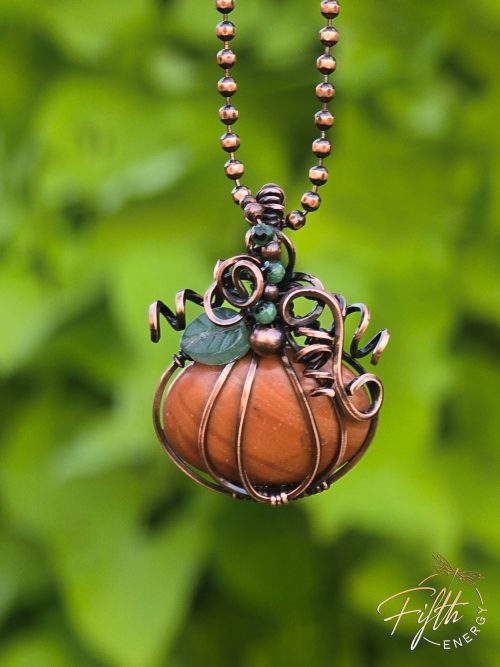 Jasper Pumpkin Necklace Fifth Energy Jewelry Halloween Fall Thanksgiving November Copper