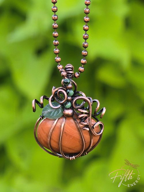Jasper Pumpkin Necklace Fifth Energy Jewelry Halloween Fall Thanksgiving November Copper