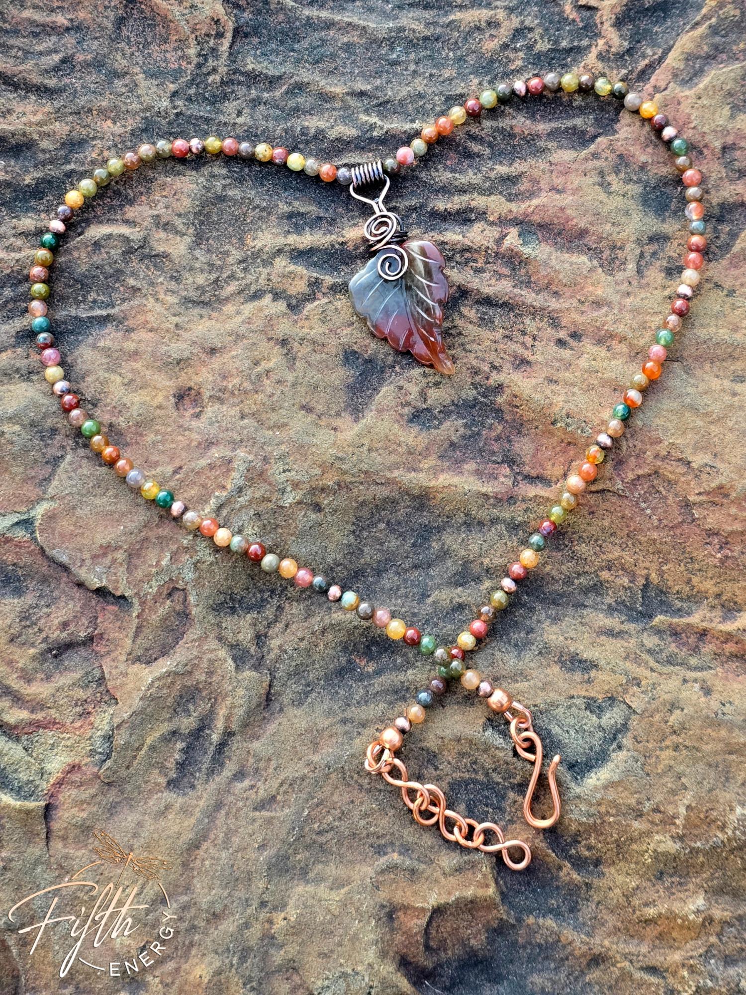 Warm Indian Agate Carved Leaf Necklace 2 Warm Indian Agate Carved Leaf Necklace Fifth Energy Jewelry Natural Gemstone Beaded Pendant Necklace