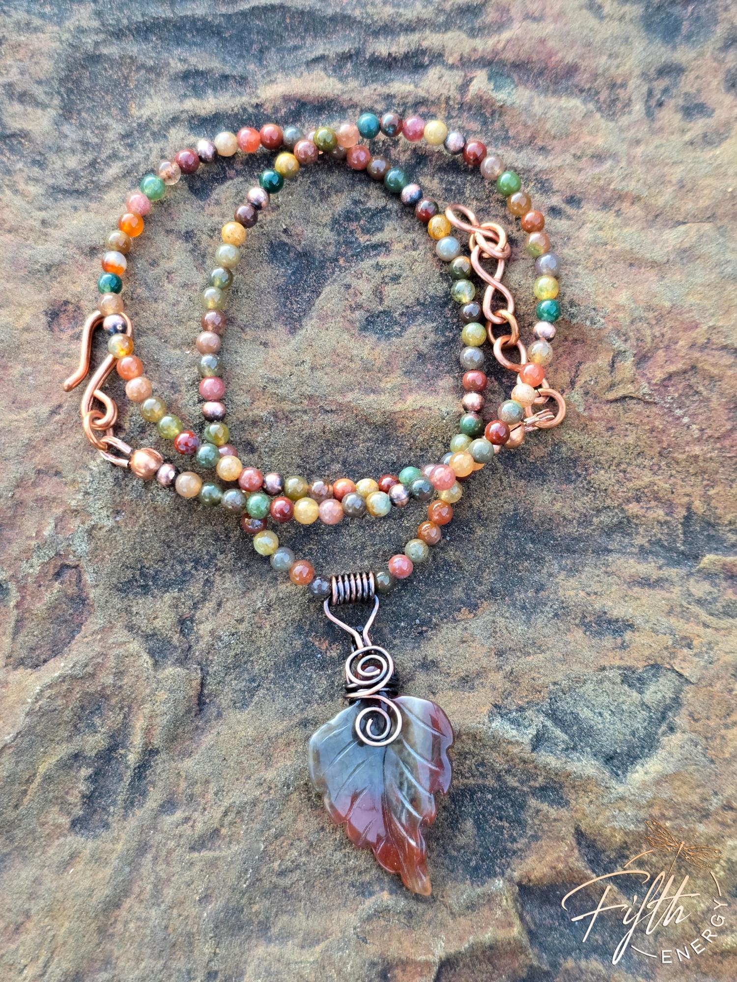 Warm Indian Agate Carved Leaf Necklace 6 Handmade Indian Agate beaded necklace with carved leaf pendant, pure copper accents, and rich brown, green, red, and cream gemstone beads.