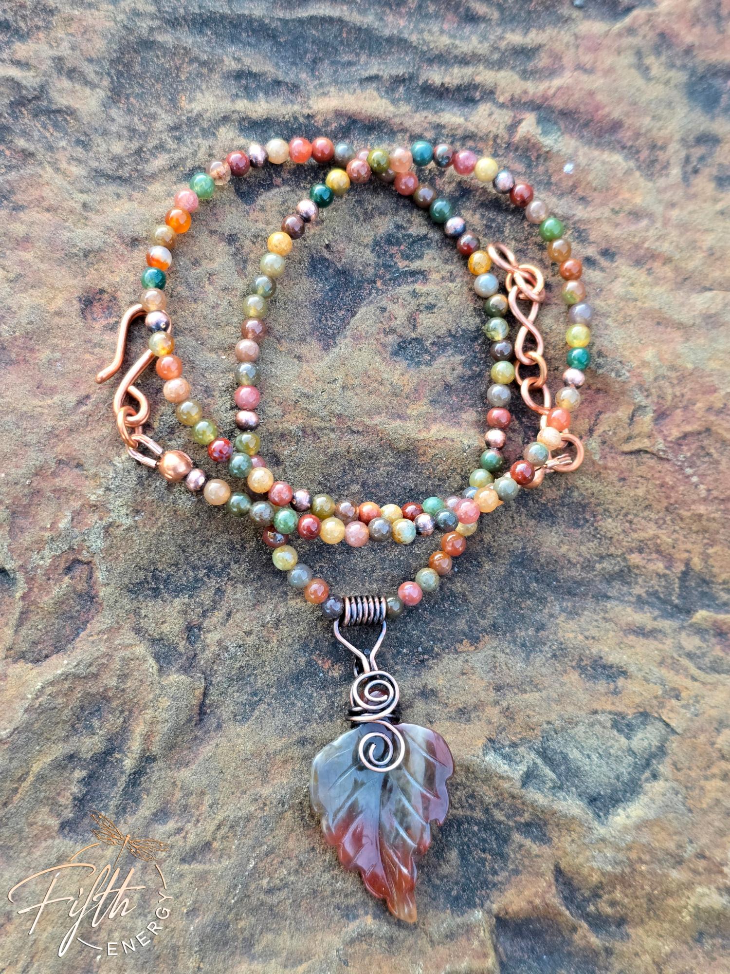 Warm Indian Agate Carved Leaf Necklace 1 Warm Indian Agate Carved Leaf Necklace with detailed leaf carving and warm copper highlights, handmade in the USA.