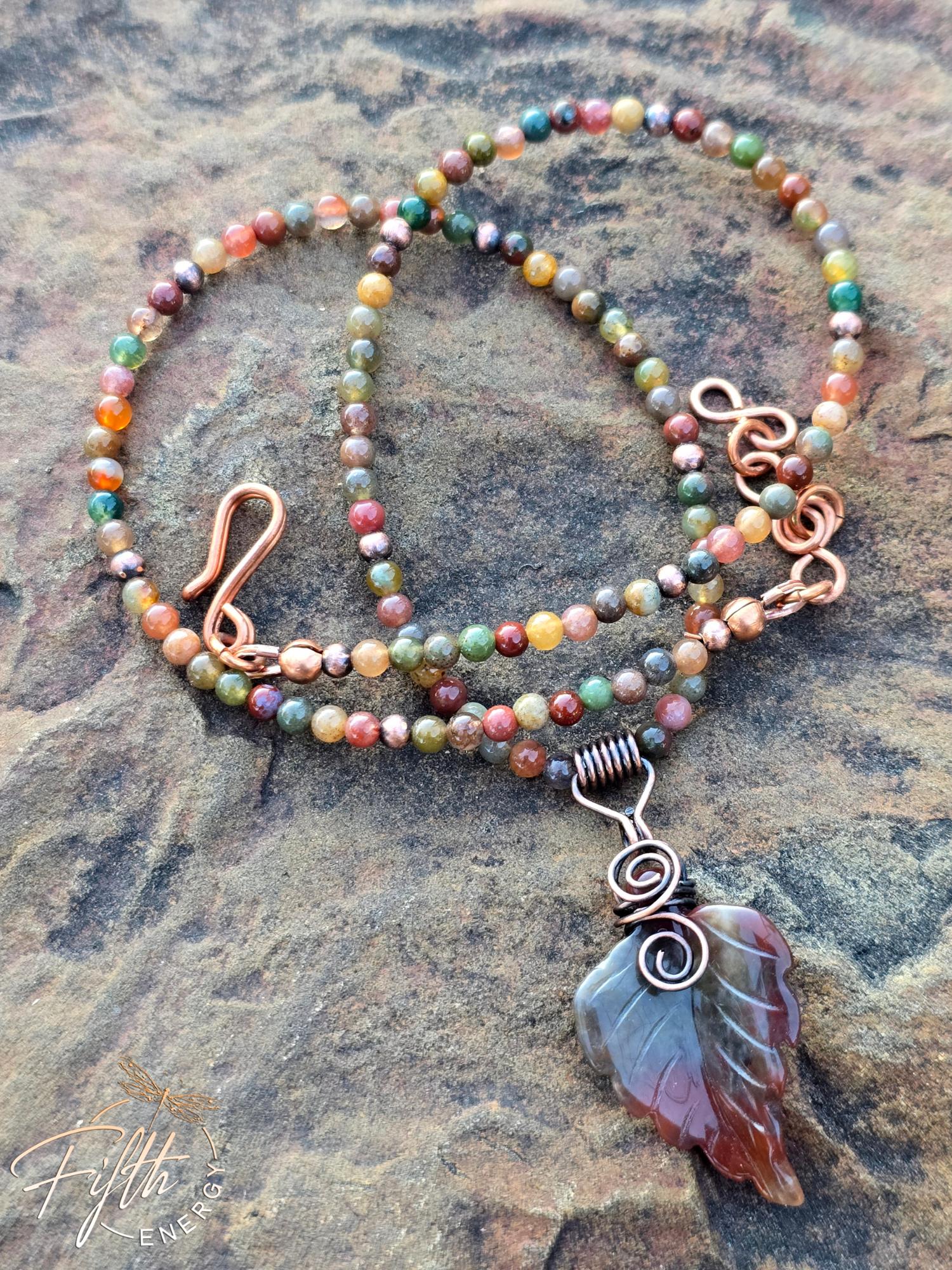 Warm Indian Agate Carved Leaf Necklace 7 Earthy Indian Agate jewelry design featuring a carved leaf pendant and genuine 3mm agate beads with scattered copper beads.
