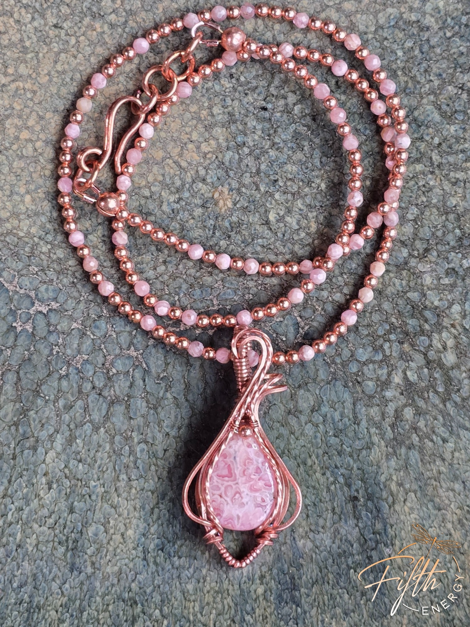 Beaded Rhodochrosite Necklace 8 Artisan pink Rhodochrosite pendant wrapped in copper with matching gemstone bead necklace