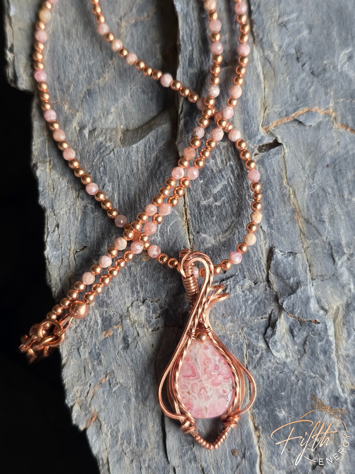 Beaded Rhodochrosite Necklace 7 Handmade copper wrapped Rhodochrosite pendant on a beaded Rhodochrosite and copper cord