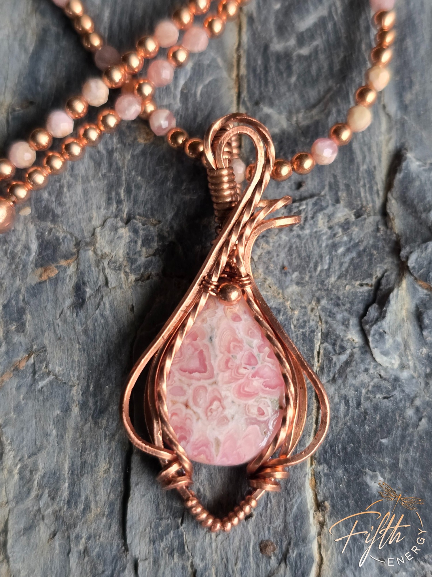 Beaded Rhodochrosite Necklace 6 Handmade copper wrapped Rhodochrosite pendant on a beaded Rhodochrosite and copper cord