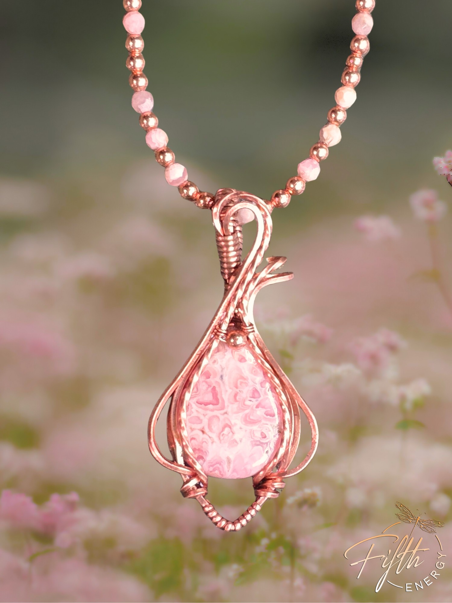 Beaded Rhodochrosite Necklace 11 Artisan pink Rhodochrosite pendant wrapped in copper with matching gemstone bead necklace