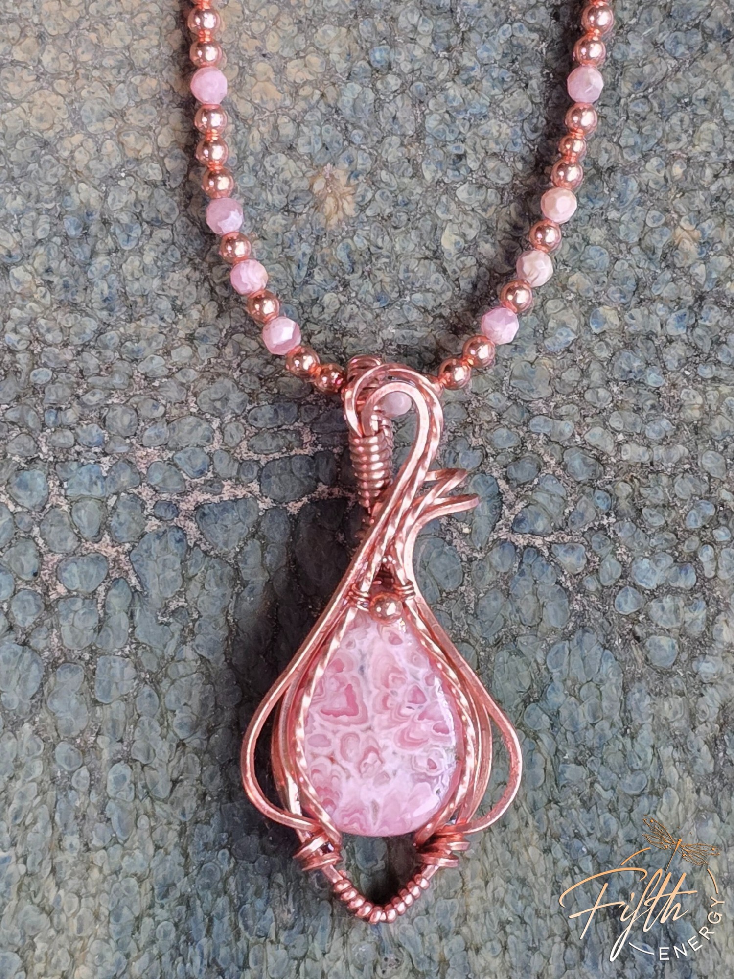 Beaded Rhodochrosite Necklace 5 Natural Rhodochrosite gemstone necklace with copper wire wrap and handcrafted beaded chain