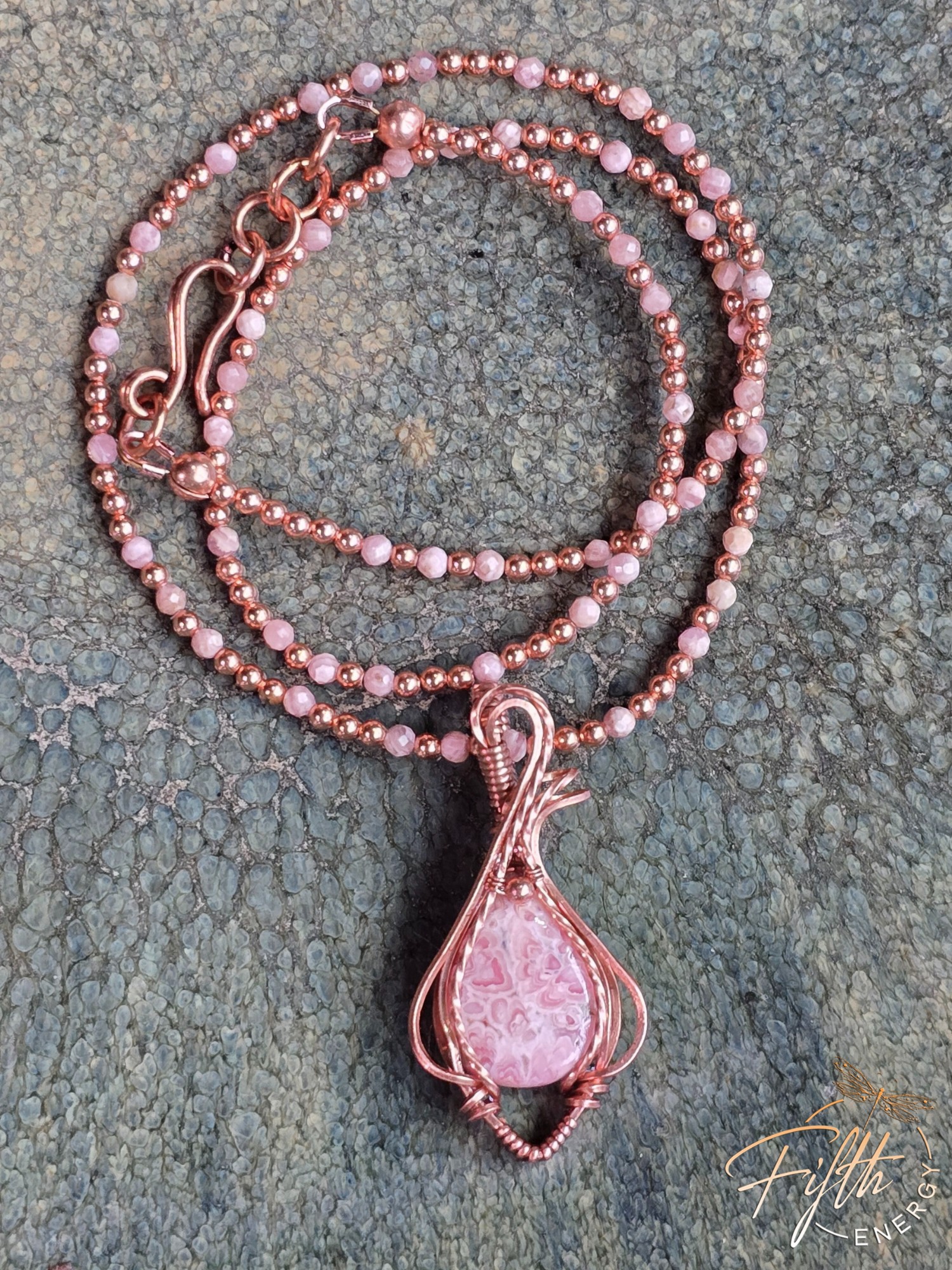 Beaded Rhodochrosite Necklace 3 Unique handmade Rhodochrosite necklace featuring natural stones and copper wirework