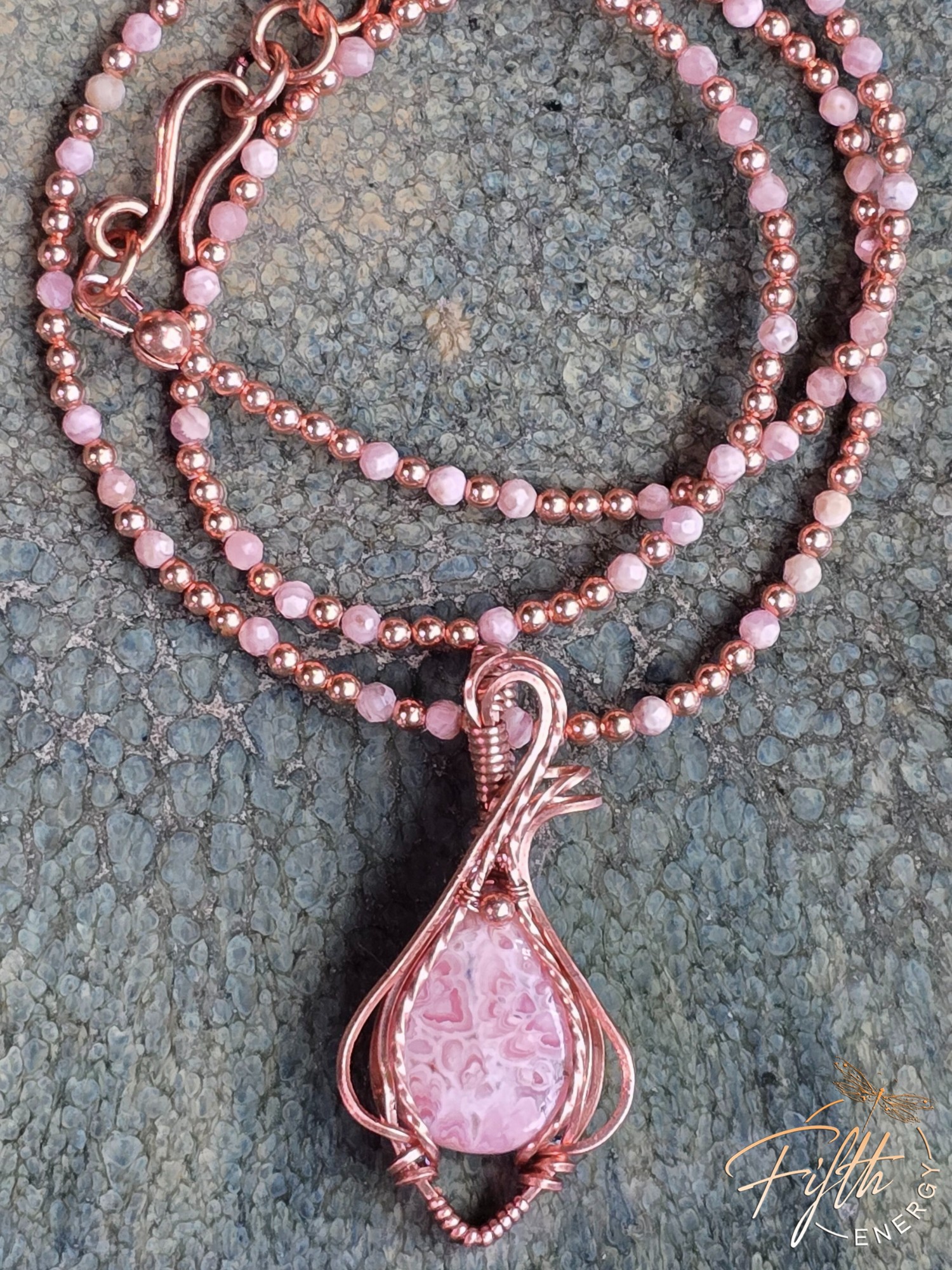 Beaded Rhodochrosite Necklace 2 Boho style Rhodochrosite gemstone pendant with copper wrap and coordinating beaded necklace