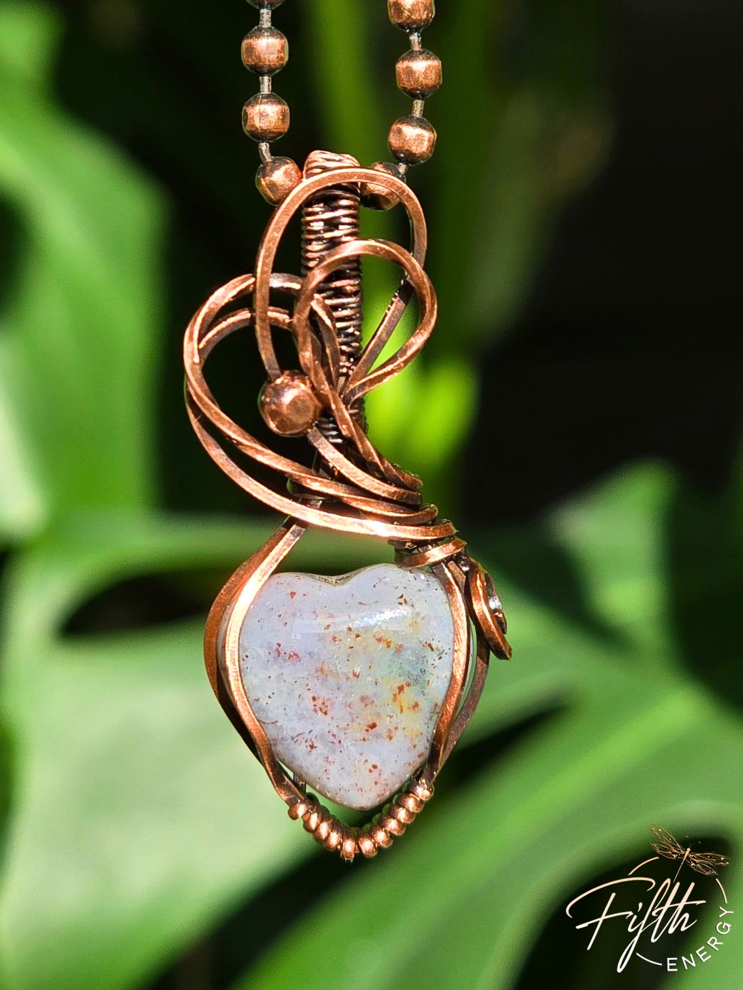 Indian Agate Heart Pendant 2 Handwrapped copper Indian Agate heart necklace with blue-lavender gemstone and red speckle