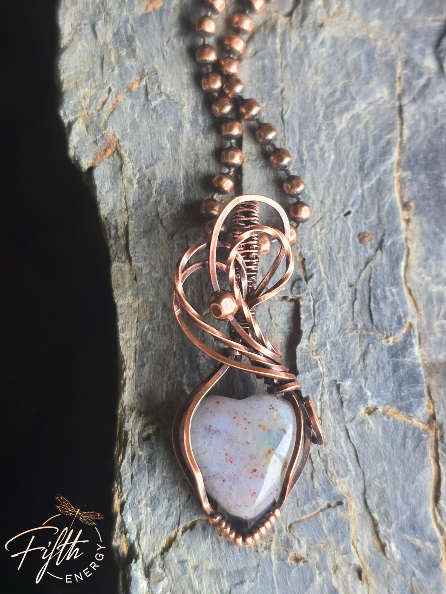 Indian Agate Heart Pendant 5 Micro heart-shaped Indian Agate bead necklace featuring blue-lavender tones and copper finish