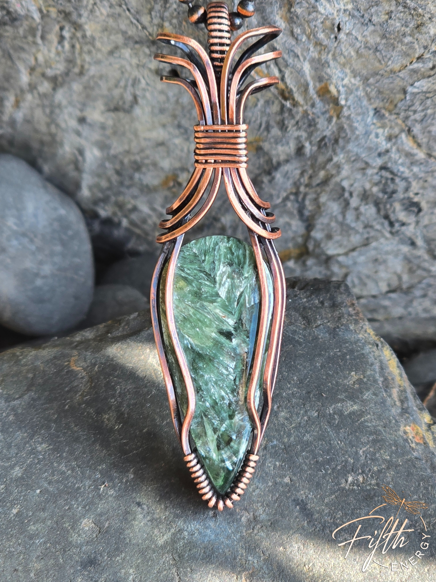 Seraphinite Necklace 6 Fifth Energy Jewelry’s Seraphinite Necklace features a luminous, all-natural green gemstone perfect for earthy, intentional jewelry lovers.